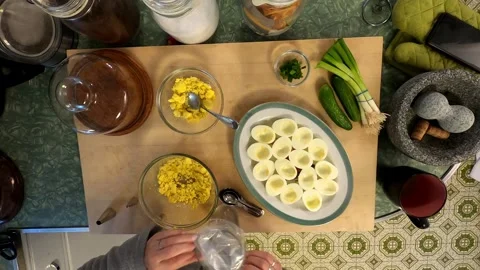 Kitchen Deviled Mushroom Eggs Cuttingboard Meal Preperation Healthy Lifestyle 스톡 동영상 324858477