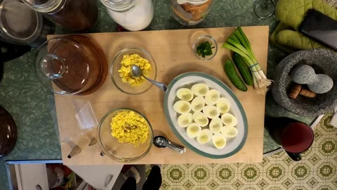 Kitchen Deviled Mushroom Eggs Cuttingboard Meal Preperation Healthy Lifestyle 스톡 동영상 324858735