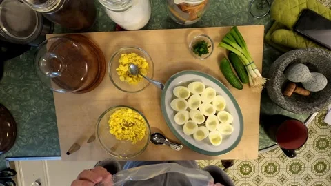 Kitchen Deviled Mushroom Eggs Cuttingboard Meal Preperation Healthy Lifestyle 스톡 동영상 324858968