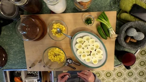 Kitchen Deviled Mushroom Eggs Cuttingboard Meal Preperation Healthy Lifestyle 스톡 동영상 324876466