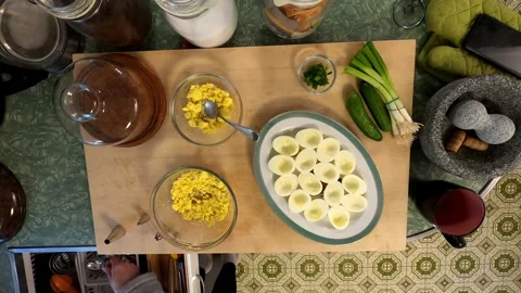 Kitchen Deviled Mushroom Eggs Cuttingboard Meal Preperation Healthy Lifestyle Stock Footage 324876811