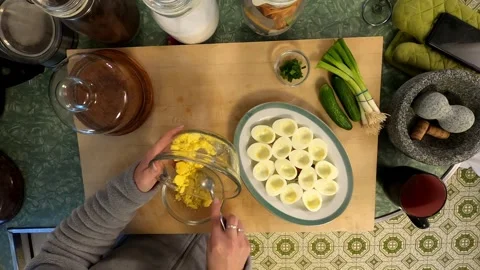 Kitchen Deviled Mushroom Eggs Cuttingboard Meal Preperation Healthy Lifestyle Stock Footage 324876823