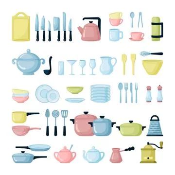 Kitchen dishes and glassware flat illustrations set Stock-Illustration