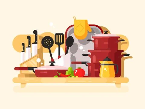 Kitchen dishes design flat Stock Illustration