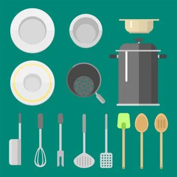 Kitchen dishes flat icons isolated household equipment everyday dishes furniture Stock Illustration