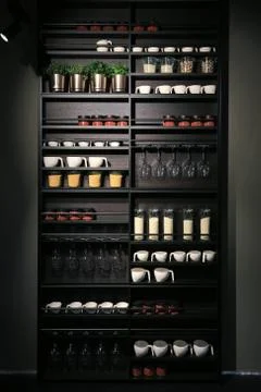 Kitchen dishes on the shelves Stock Photos