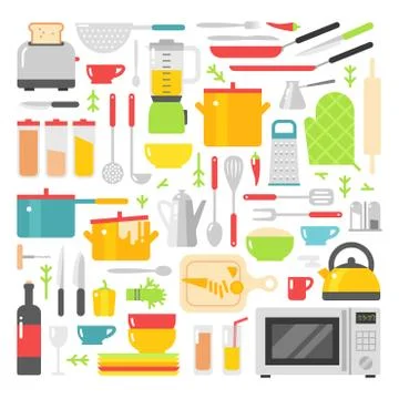 Kitchen dishes vector flat icons isolated on white background Stock Illustration