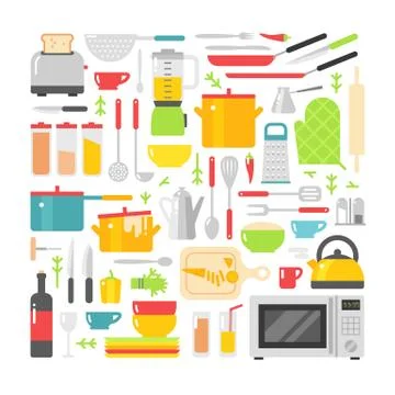 Kitchen dishes vector flat icons isolated on white background Stock Illustration