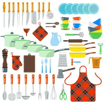 Kitchen dishes vector flat icons isolated on white background Stock Illustration