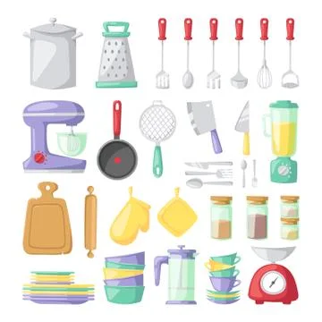 Kitchen dishes vector flat icons isolated on white background Stock Illustration
