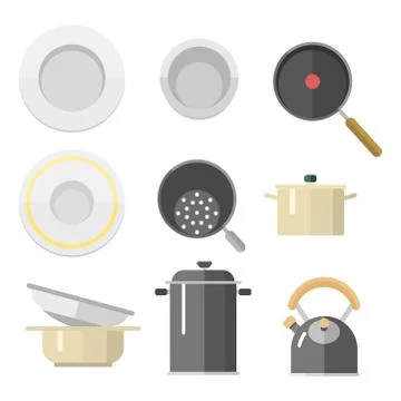 Kitchen dishes vector flat icons isolated household equipment everyday dishes Stock Illustration