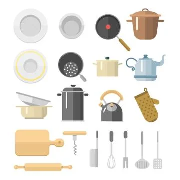 Kitchen dishes vector flat icons isolated household equipment everyday dishes Stock Illustration