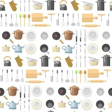 Kitchen dishes vector flat seamless pattern household equipment everyday dishes Stockillustratie