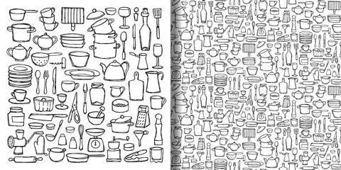 Kitchen doodle hand drawn set and seamless pattern Stock Illustration