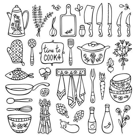 Kitchen doodle set isolated in white background Stock Illustration
