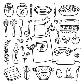 Kitchen doodle set isolated in white background Stock Illustration