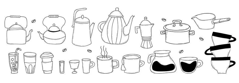 Kitchen doodles icon set. Hand drawn lines of kitchen items, dishes, cups and Stock Illustration