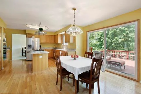Kitchen with doors to deck Stock Photos