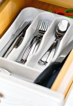 Kitchen drawer with flatware close up view Kitchen drawer with flatware cl... Stock Photos