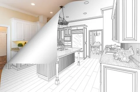 Kitchen Drawing Page Corner Flipping with Photo Behind. Stock Photos