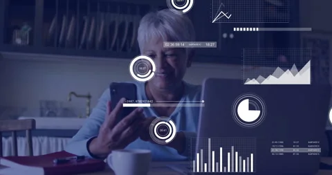 In kitchen, elderly woman using smartphone with animation of data analytics Stock Footage 306202571