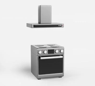 Kitchen electric range stove with oven, hob and cooker hood isolated on white Illustrazione stock