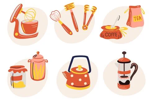 Kitchen elements. Cooking tools icon. Spatulas, teapot, coffee and tea, frenc Stock Illustration