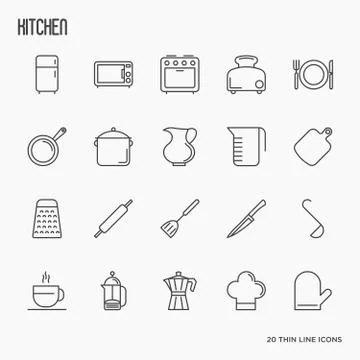 Kitchen equipment and tableware thin line icons set. Vector illustration Stock Illustration