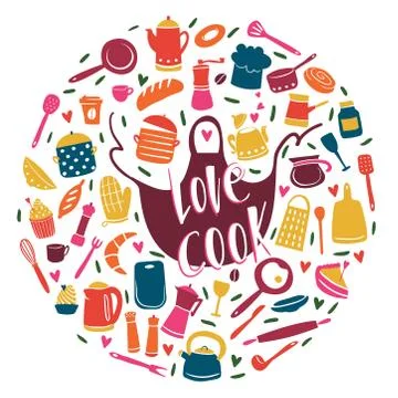 Kitchen equipment doodle style. Different cooking tools. Cheerful and bright Stock Illustration