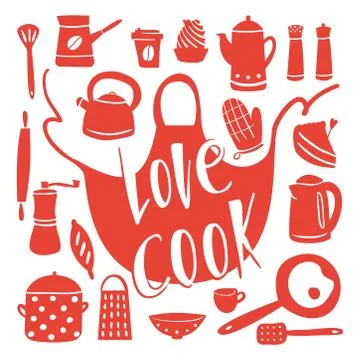Kitchen equipment doodle style. Different cooking tools. Cheerful and bright Stock Illustration