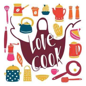 Kitchen equipment doodle style. Different cooking tools. Cheerful and bright Stock Illustration