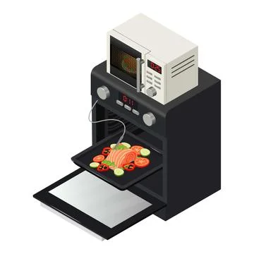 Kitchen equipment icon isometric vector. Oven with thermal probe and microwave Stock-Illustration