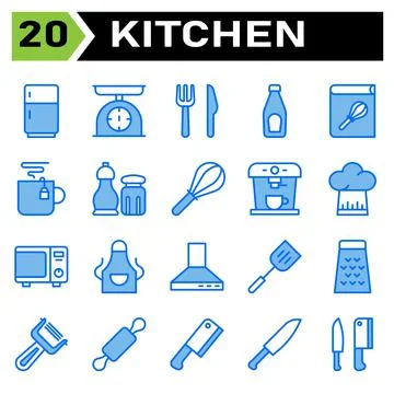 Kitchen equipment icon set include refrigerator, fringe, kitchen, equipment,  Stock Illustration