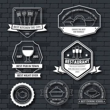 Kitchen equipment label template set. Emblem element for your product or design Stock Illustration