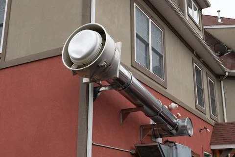 Kitchen exhaust system external pipe metal steel real fan air cool restaurant Stock Photos