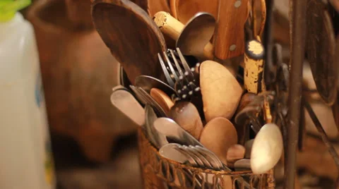 Kitchen in the Farm fork knife spoon Stock Footage 38724822