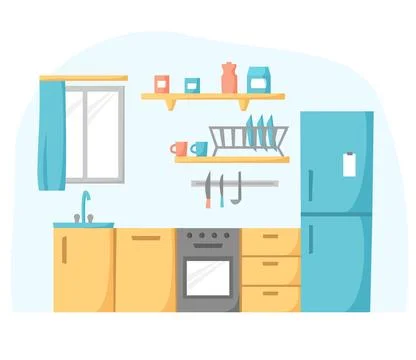 Kitchen in flat design, cook room concept, kitchen unit with refrigerator, oven Stock Illustration