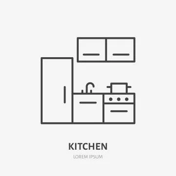 Kitchen flat line icon. Apartment furniture sign, vector illustration of fridge Stock Illustration