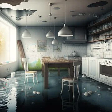 Kitchen flooding interior. 3d rendering concept Stock Illustration