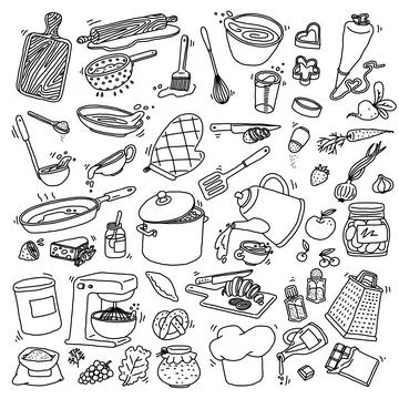 Kitchen tools and appliances. Cute illustration with isolated cooking  objects in vector format. Kitchen utensils collection. Illustration 2 of 2.  Stock Vector