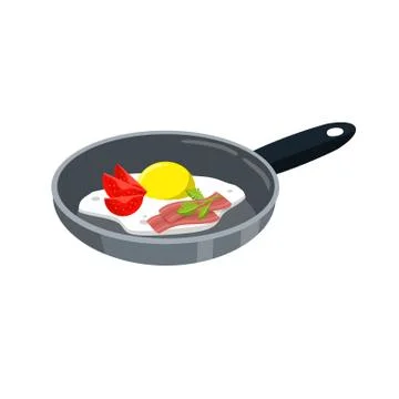 Kitchen frying pan with a nutritious Breakfast. Omelet with pieces bacon. Stock Illustration