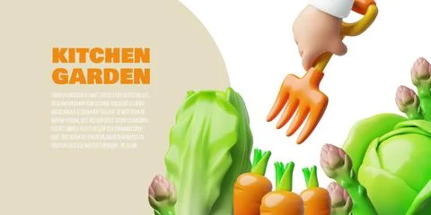 Kitchen garden 3D plastic style vector banner design, organic crops, farming and Stock Illustration
