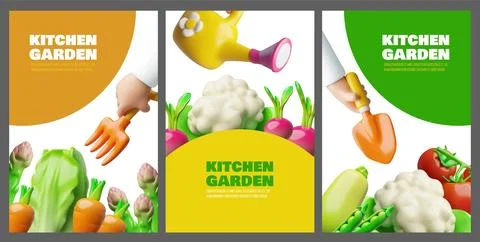 Kitchen garden 3D plastic style vector designs set, organic crops, farming Stock Illustration