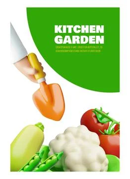 Kitchen garden 3D plastic style vector poster, organic crops, scoop gardening Illustrazione stock