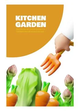 Kitchen garden 3D plastic style vector poster, organic crops, fork scoop Illustrazione stock