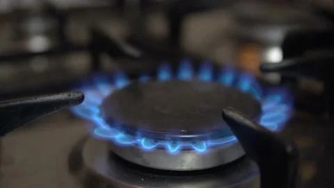 Kitchen gas cooker with burning fire propane gas.Blue natural Gas Flame Stock Footage 149274325