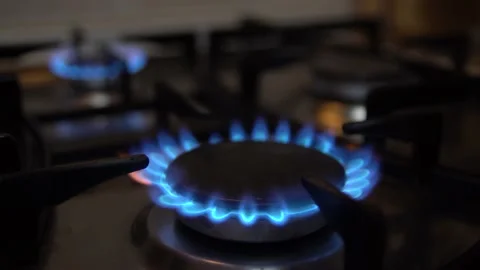 Kitchen gas cooker with burning fire propane gas. Stock Footage 149275554