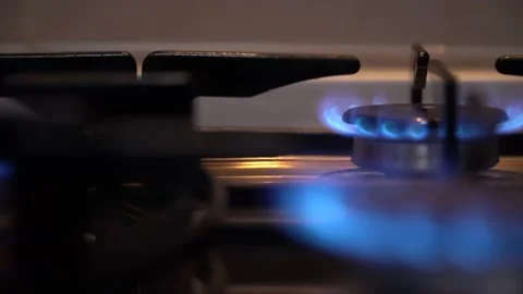Kitchen gas cooker with burning fire propane gas.Blue natural Gas Flame Stock Footage 159278253
