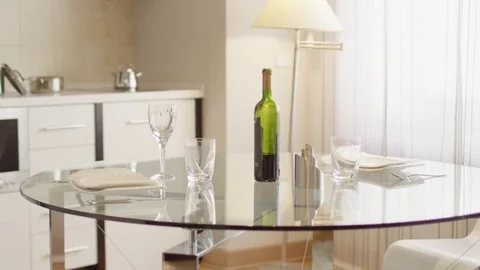 Kitchen glass table and wine bottle 3k 스톡 동영상 74089284