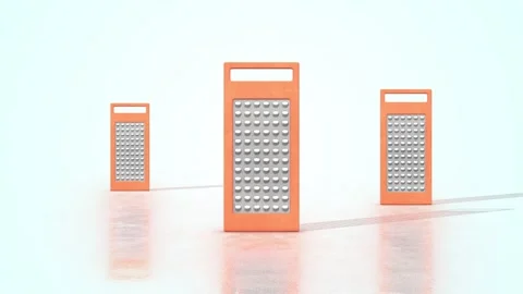 Kitchen Graters on a Light Reflective Floor. Steel Graters 3D Animation. 4K Stock Footage 302171492